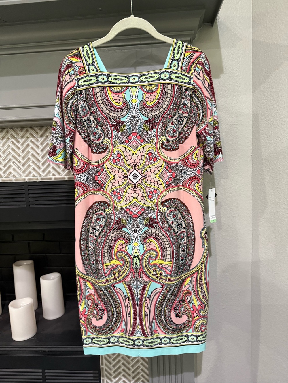 Sandra Darren Pink Paisley Print Dress with Aqua Accents